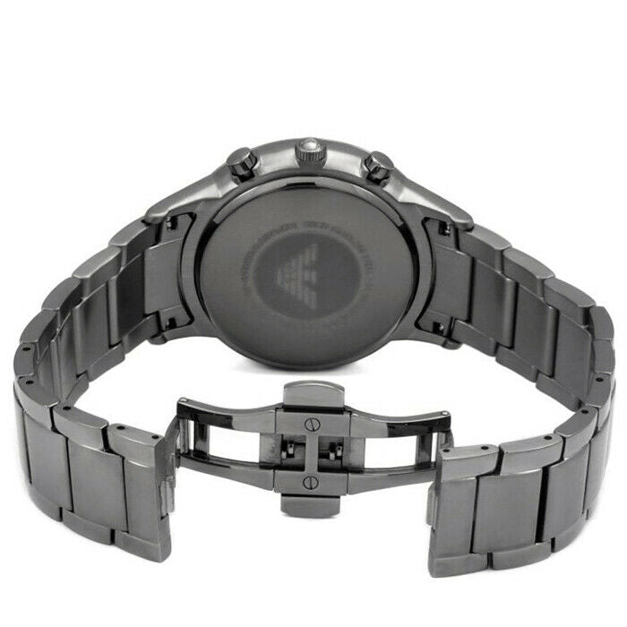 Emporio Armani AR2454 watch case back showing gunmetal stainless steel with Emporio Armani logo and bracelet
