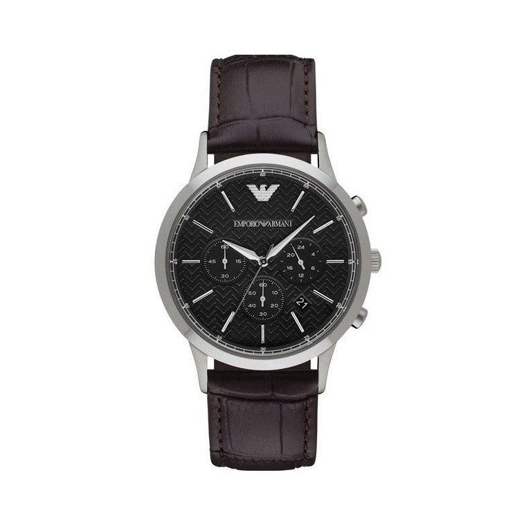 Emporio Armani Renato AR2482 chronograph watch with black dial, silver case, and brown leather strap