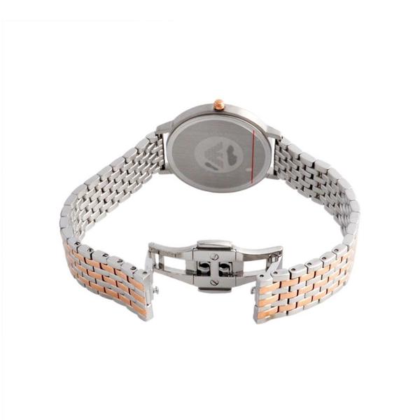 Caseback view of Emporio Armani AR2508 watch showing two-tone bracelet clasp