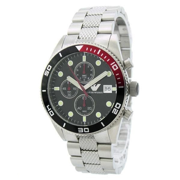 Emporio Armani AR5855 chronograph watch viewed from three-quarter angle on silver bracelet