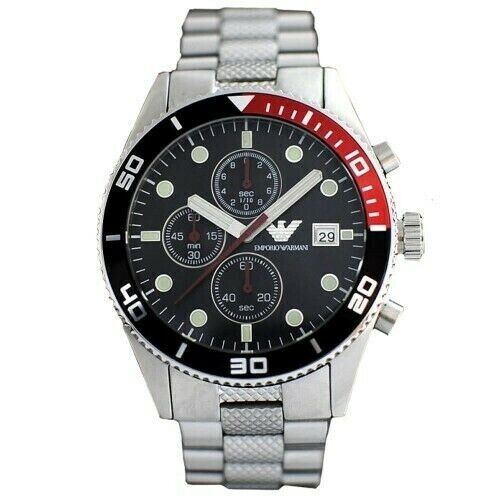 Emporio Armani AR5855 silver chronograph watch with black dial and red bezel
