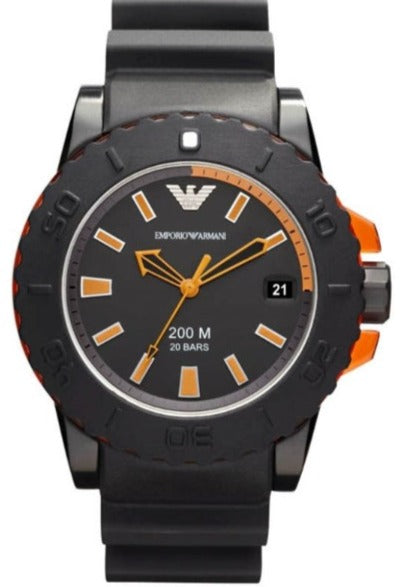 Emporio Armani AR5969 men's watch with black dial, orange indices, and black rubber strap