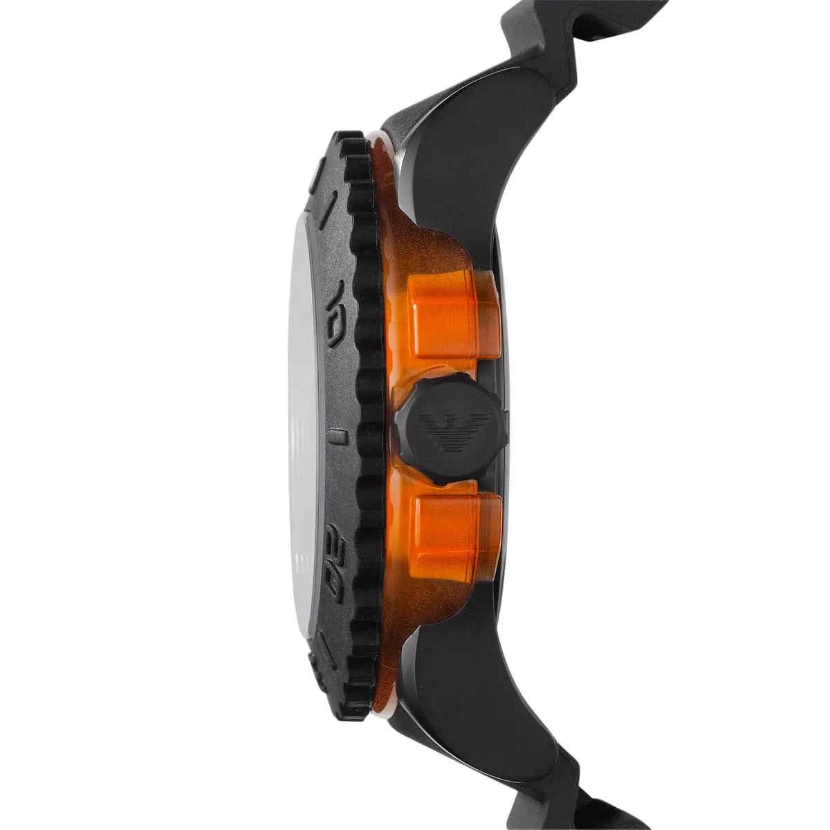 Side profile of Emporio Armani AR5969 showing case depth and orange crown guard