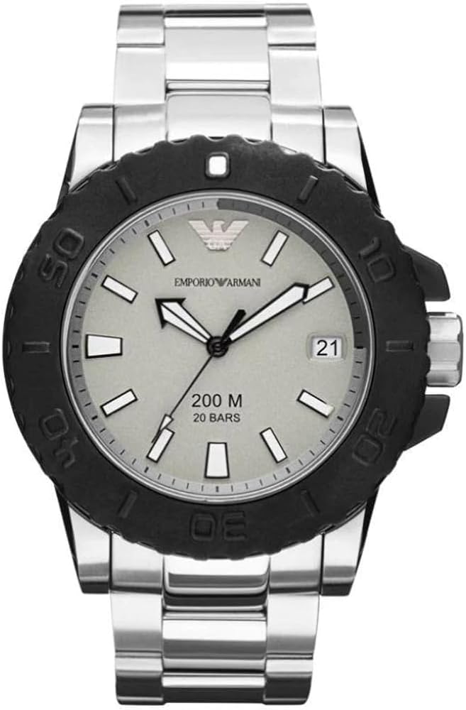 Emporio Armani AR5970 men's sports watch with black bezel, gray dial, and stainless steel bracelet