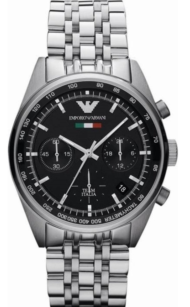 Emporio Armani AR5984 chronograph watch with black dial and silver steel bracelet
