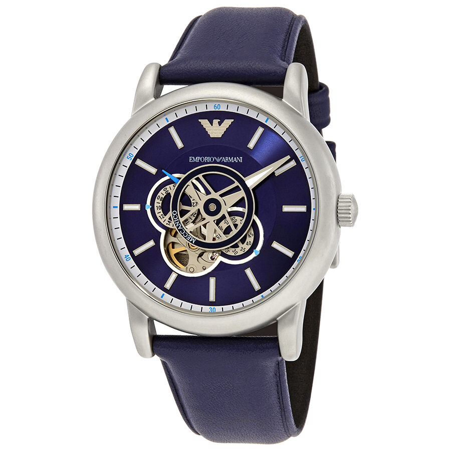 Emporio Armani AR60011 chronograph automatic watch with blue dial and visible skeleton movement, silver case on blue leather strap