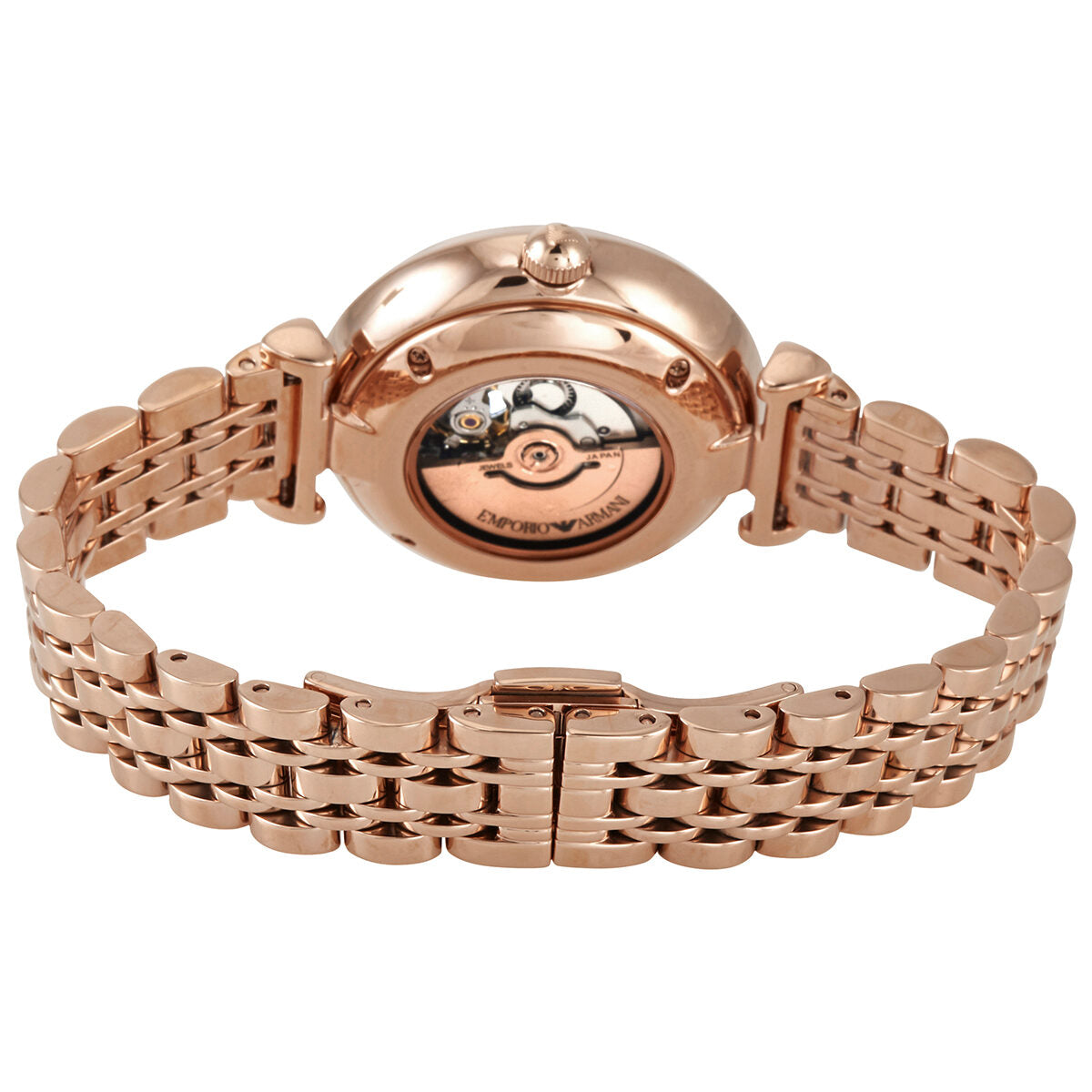 Emporio Armani AR60023 caseback showing automatic movement and rose gold case