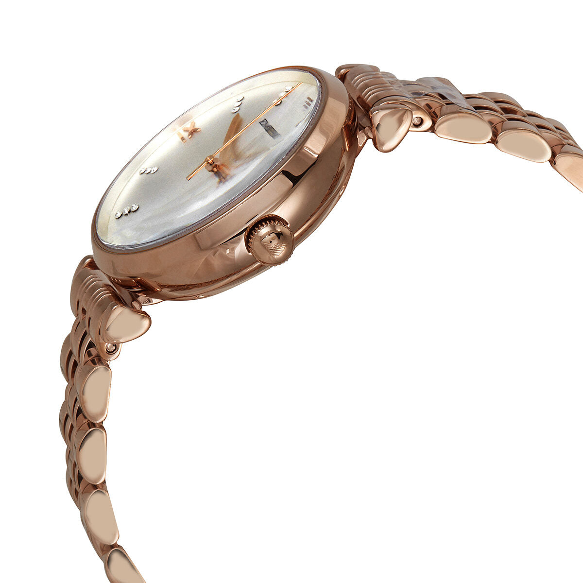 Emporio Armani AR60023 watch side view showing rose gold case and bracelet