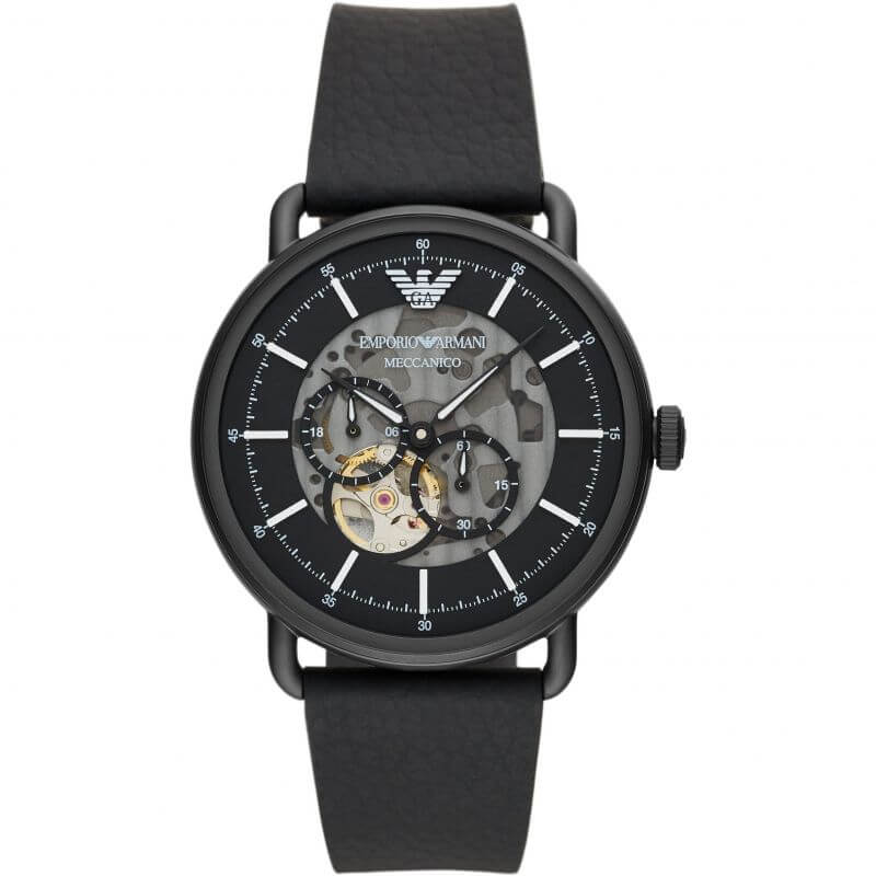 Emporio Armani AR60028 automatic watch with black skeleton dial and black strap front view