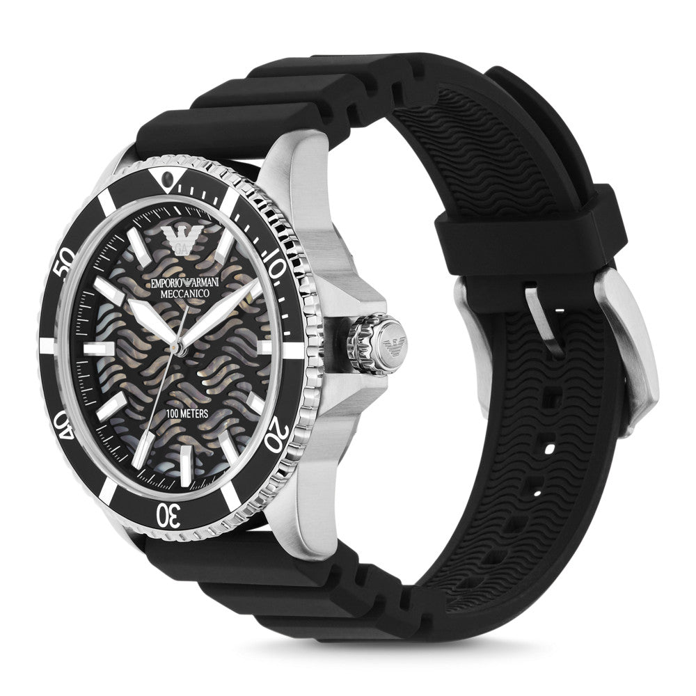 Side angle view of Emporio Armani watch showing silver stainless steel case and black silicone strap