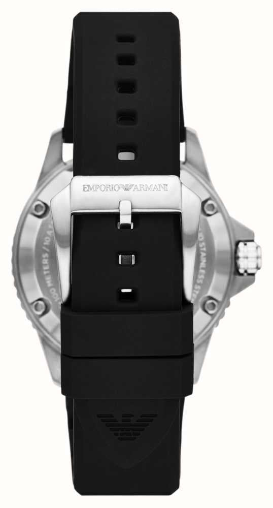 Case back view of Emporio Armani watch showing black silicone strap attachment and case design