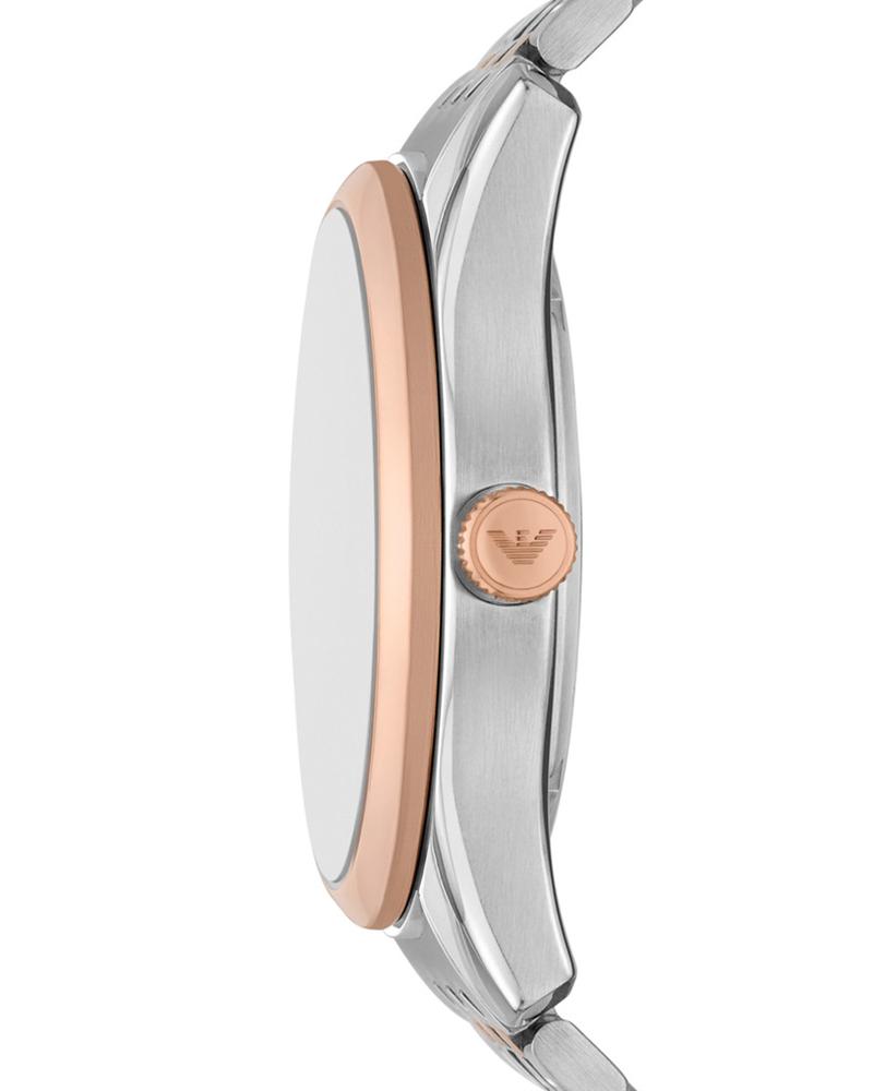 Side view of Emporio Armani AR60092 showing case profile and crown with rose gold bezel
