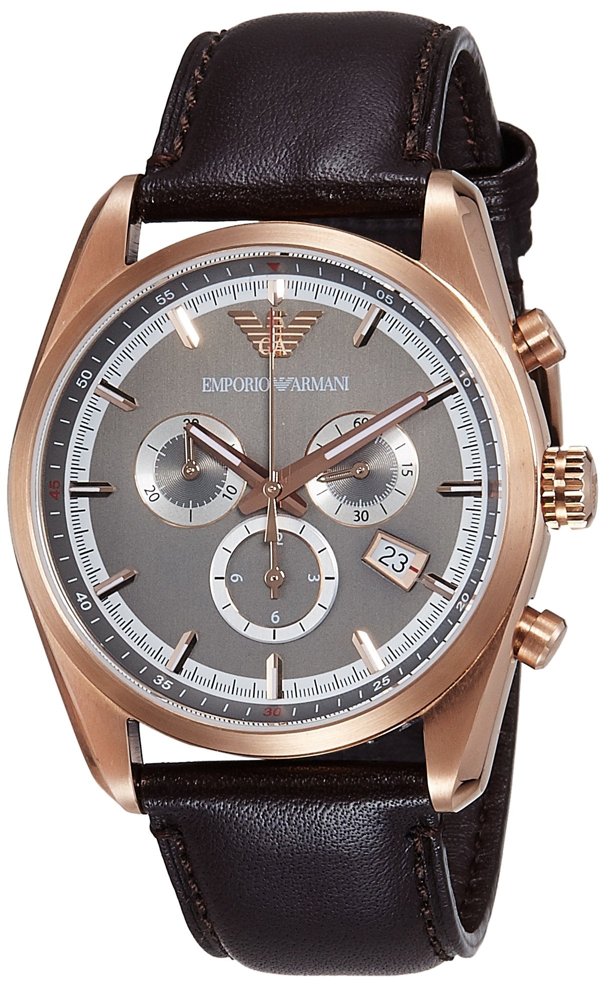 Emporio Armani AR6043 chronograph watch with gray dial and brown leather strap