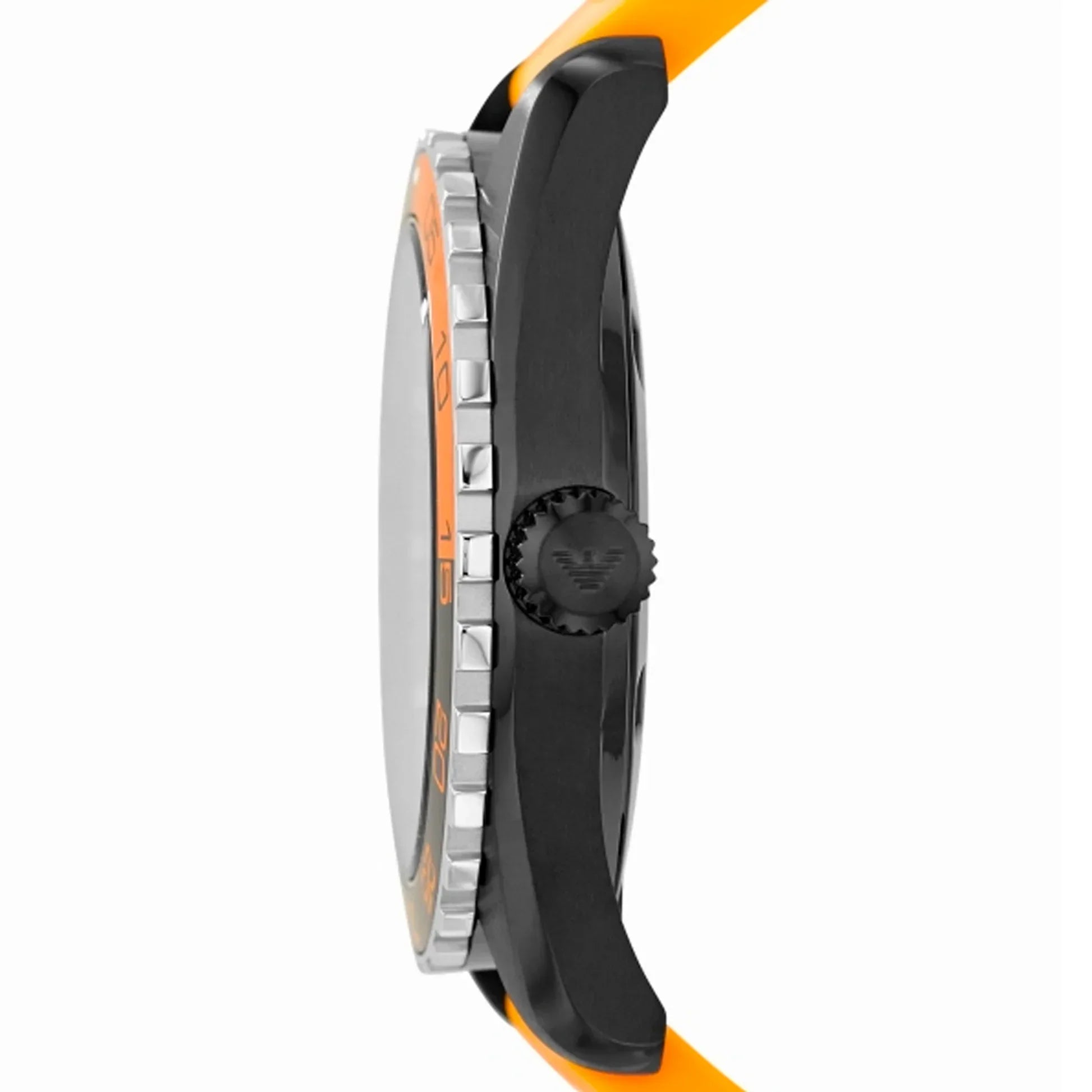 Side view of Emporio Armani AR6046 showing black case, orange strap, and steel bracelet detail