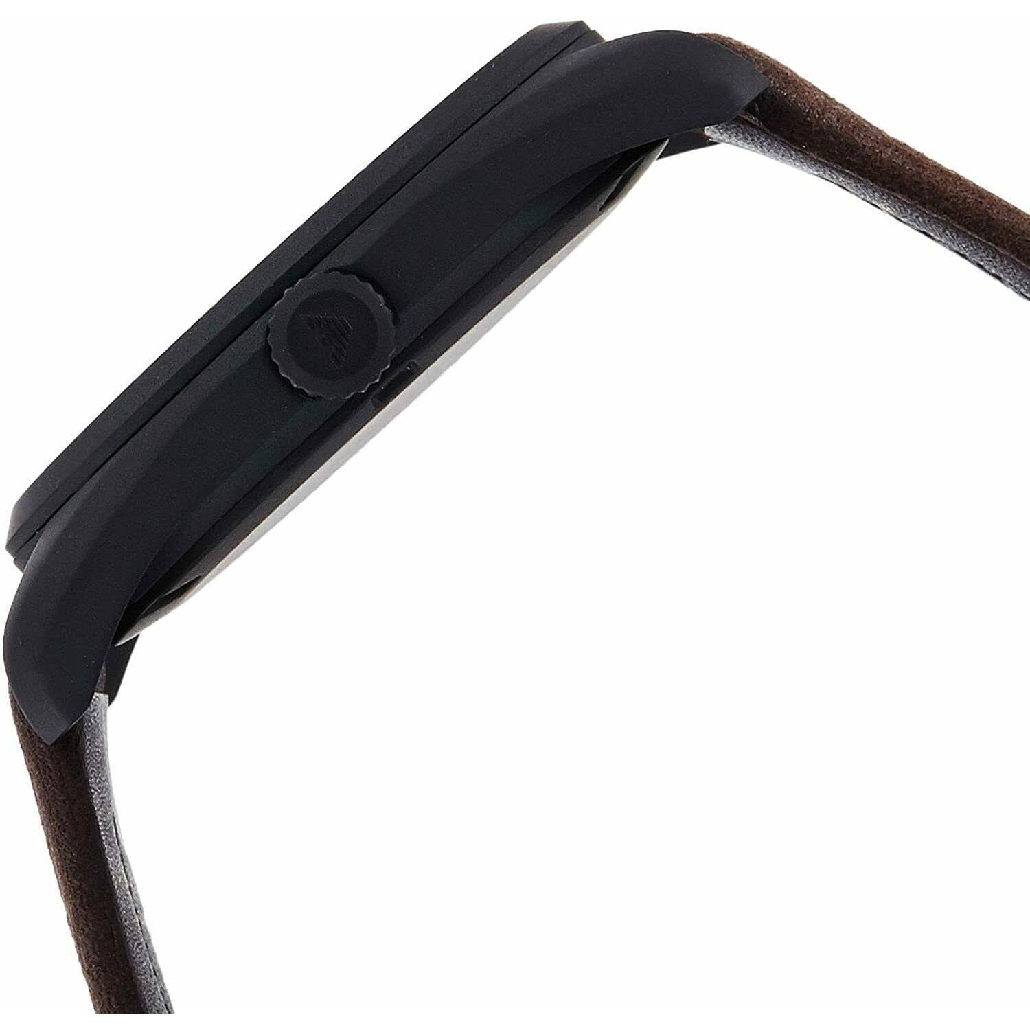 Side profile of Emporio Armani AR6081 showing black case and brown leather strap