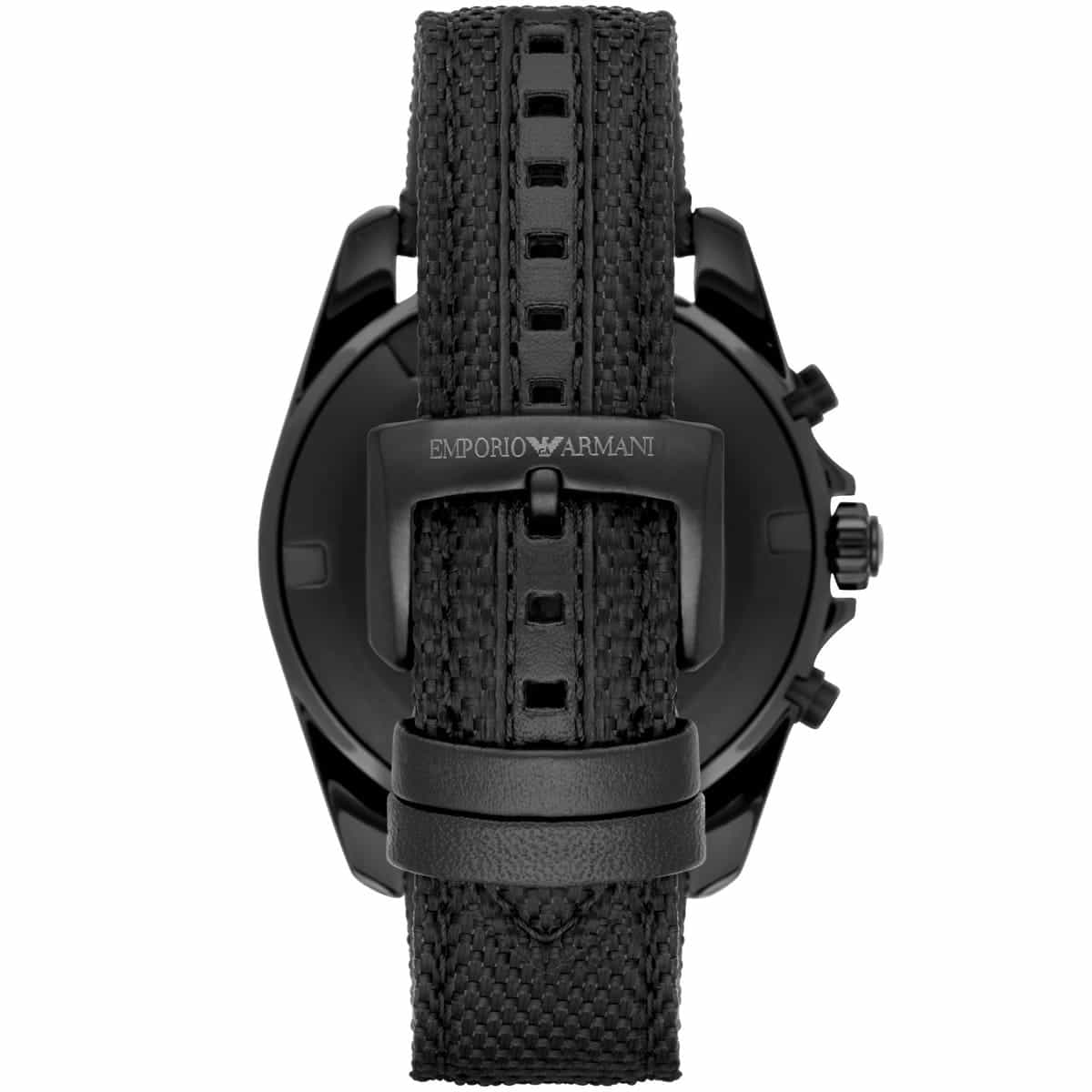 Back view of Emporio Armani AR6131 watch showing black case back and textile strap