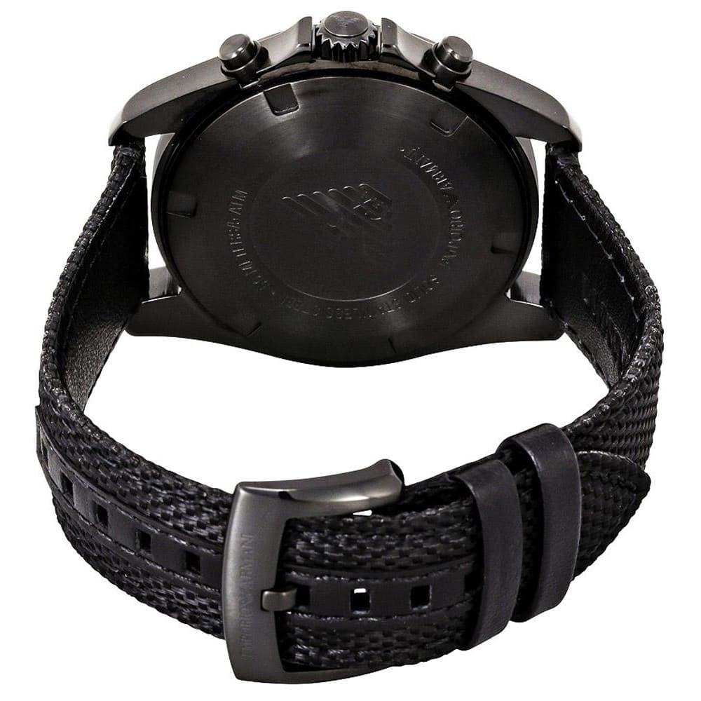 Emporio Armani AR6131 black chronograph watch worn on wrist showing case and black textile strap