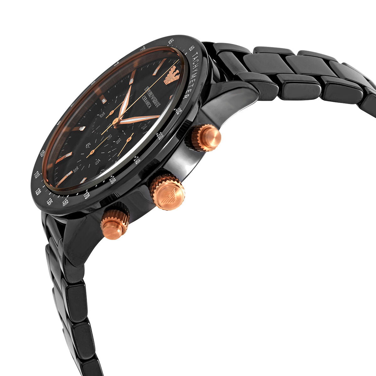 Side profile of Emporio Armani AR70002 showing rose gold chronograph pushers and black stainless steel bracelet