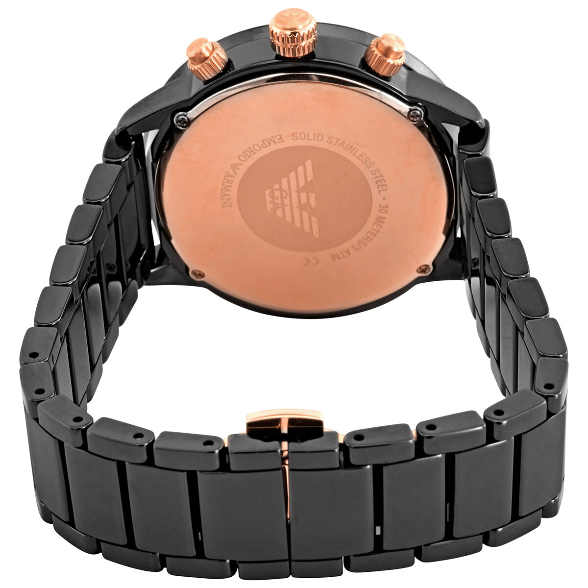 Emporio Armani AR70002 caseback with Eagle logo and engraved text on rose gold solid stainless steel case back