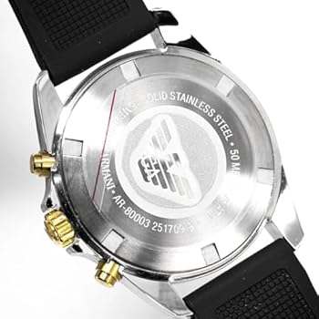 Caseback of Emporio Armani AR80003 showing stainless steel with eagle logo and specifications