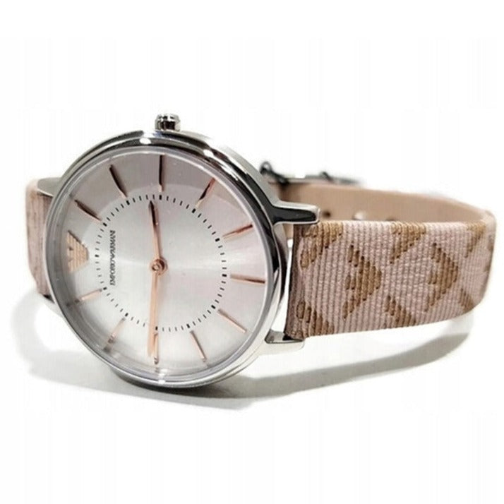 Emporio Armani AR80007 women's watch side angle view with silver case and patterned strap