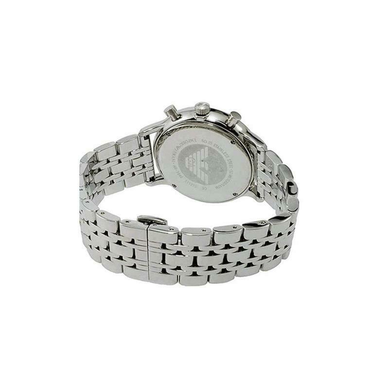 Emporio Armani AR80013 case back showing silver steel with engraved eagle logo and bracelet