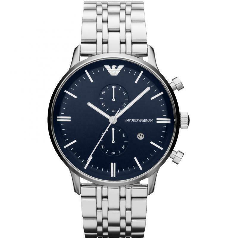 Emporio Armani AR80013 men's watch with blue dial, silver steel bracelet, and chronograph function