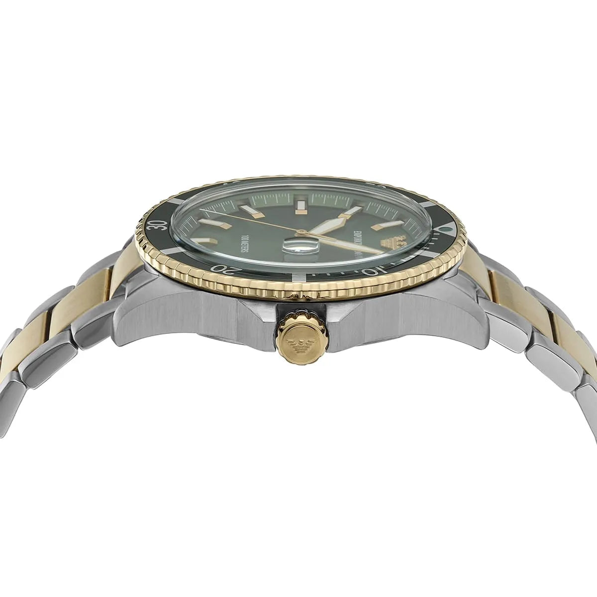 Emporio Armani AR80063 dial detail showing green face with gold indices and date window
