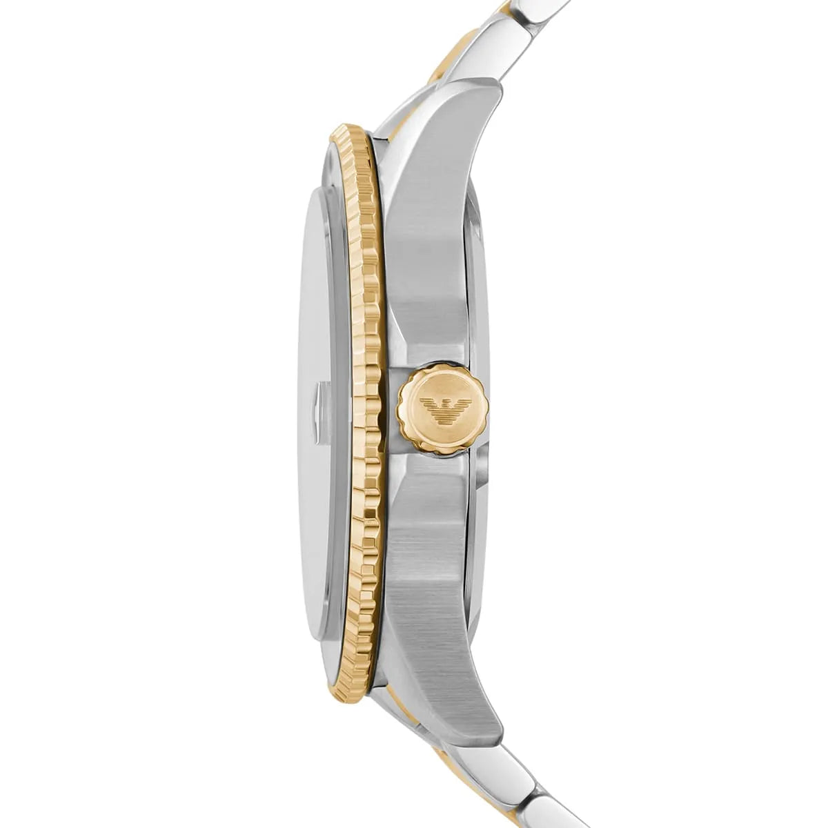 Emporio Armani AR80063 side profile showing two-tone stainless steel and gold case