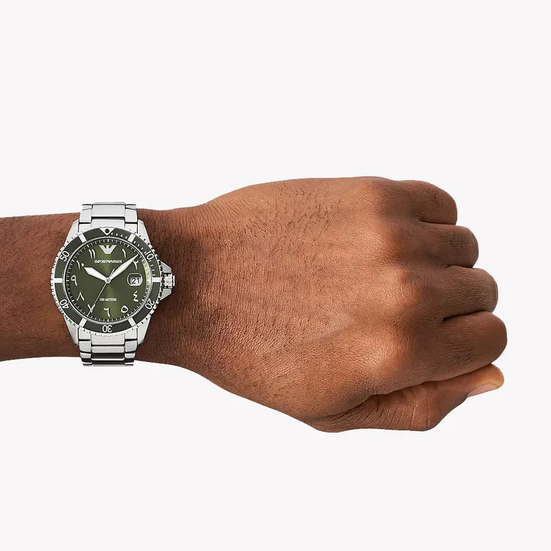 Emporio Armani AR80072 green dial watch worn on wrist