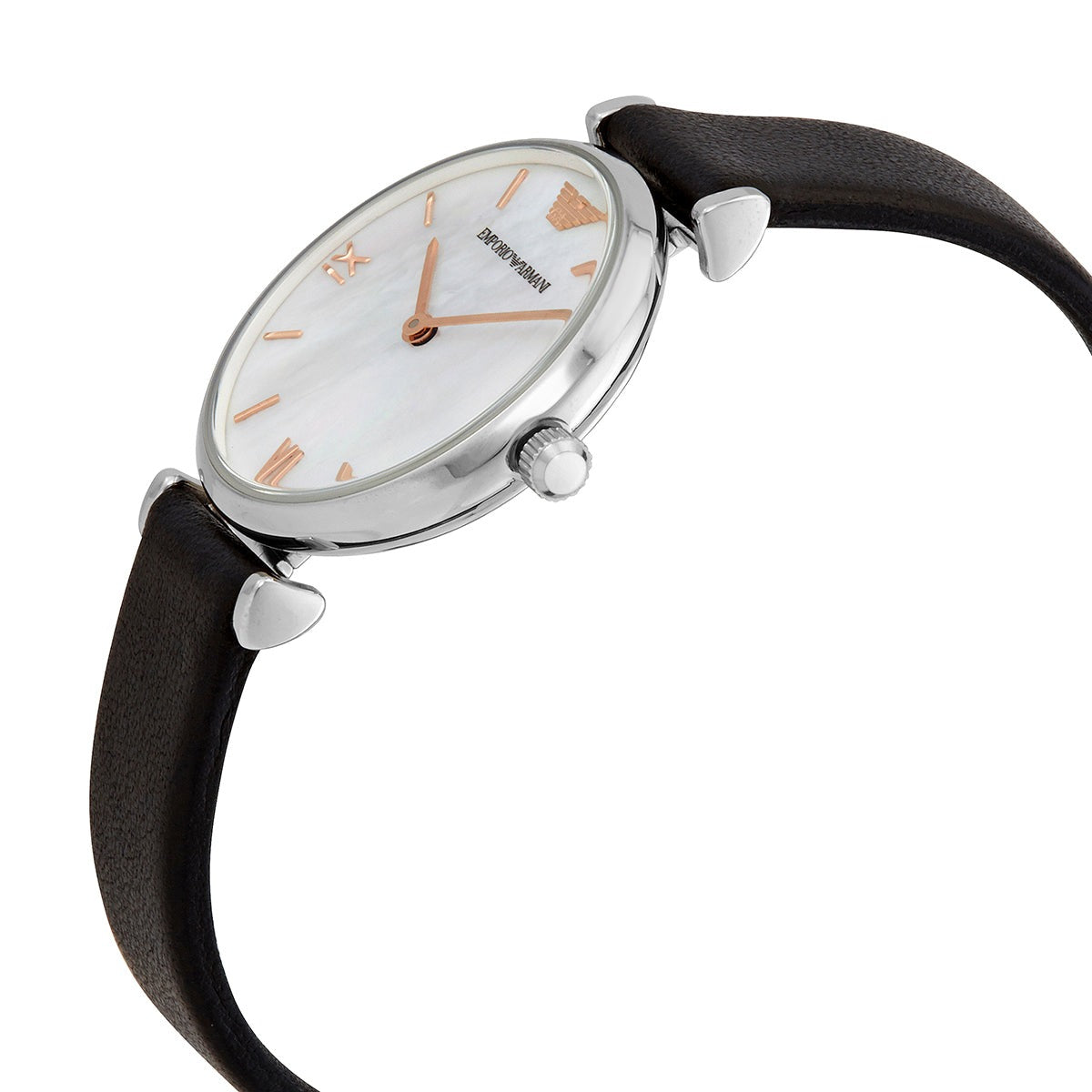 Emporio Armani AR90002 watch at angle showing silver dial and black strap