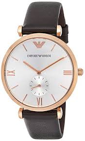 Emporio Armani AR9038M classic analog watch at angle showing white dial and brown leather strap