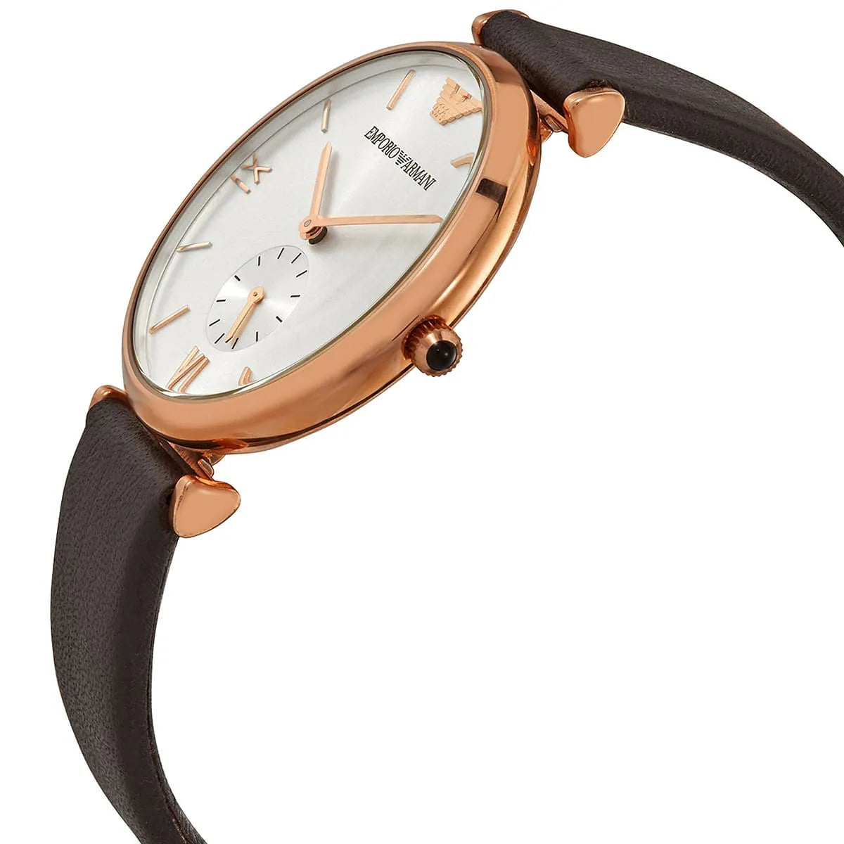 Emporio Armani AR9038M watch on wrist displaying white dial with rose gold case and brown strap