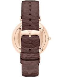 Emporio Armani AR9042 caseback showing rose gold case with brown leather strap and buckle