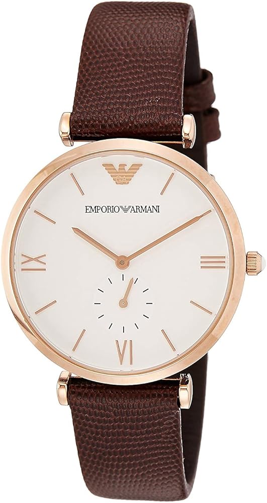 Emporio Armani AR9042 white dial dress watch with rose gold case and brown leather strap