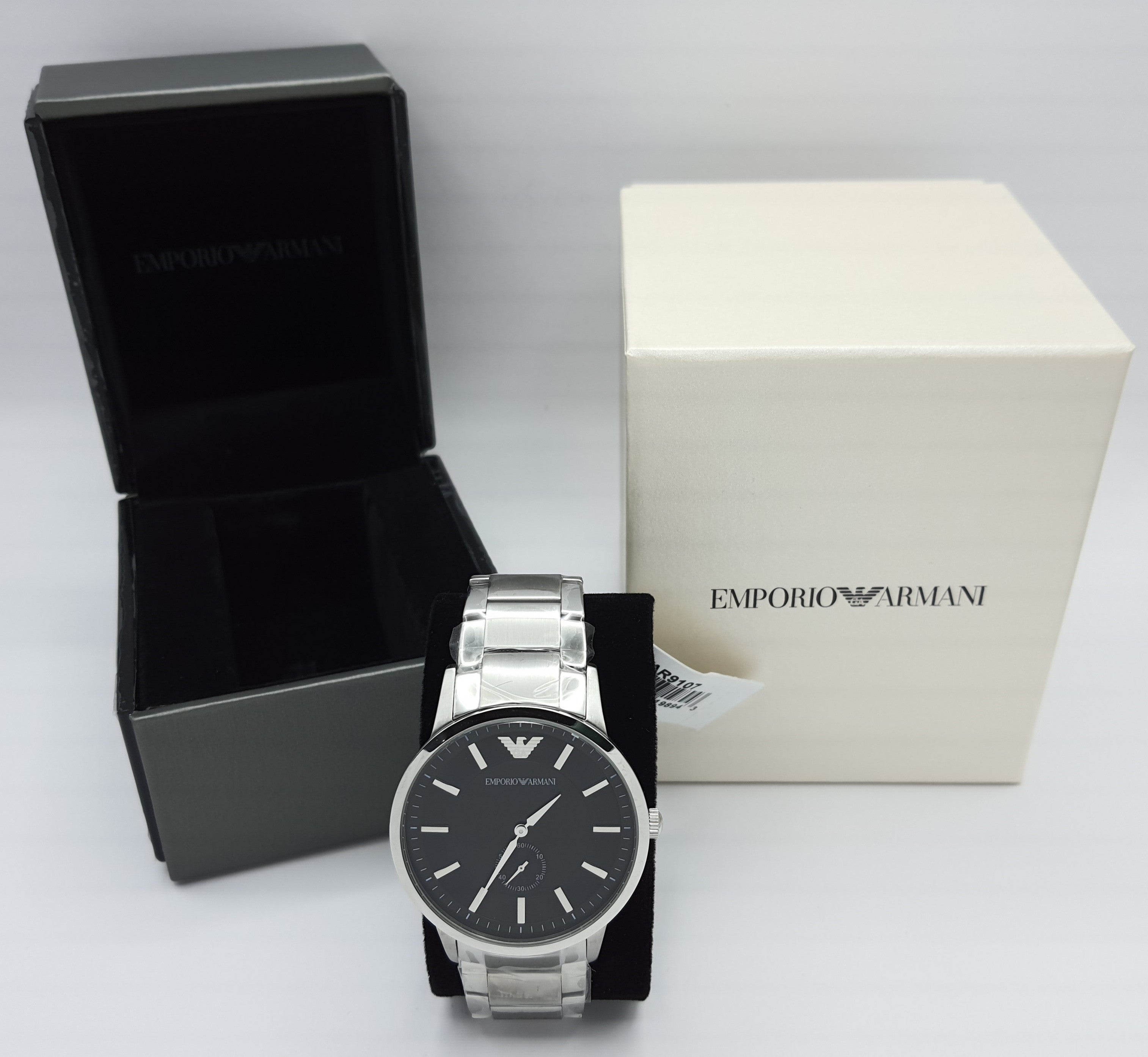 AR9107 watch with Emporio Armani branded box and black presentation case