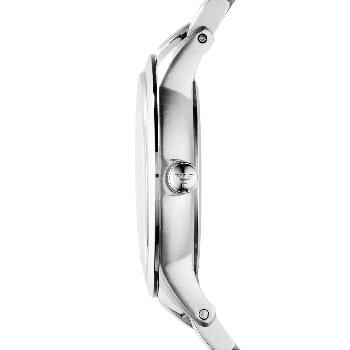 Side profile view of AR9107 stainless steel watch case and bracelet