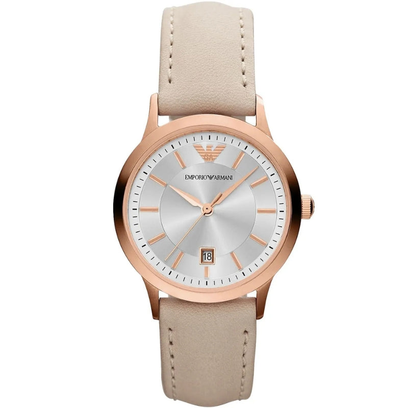 Emporio Armani AR9108 men's watch with silver dial, rose gold case, and beige leather strap