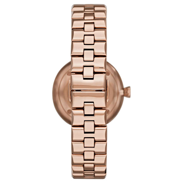 Caseback view of Emporio Armani Arianna showing rose gold plated stainless steel case and bracelet