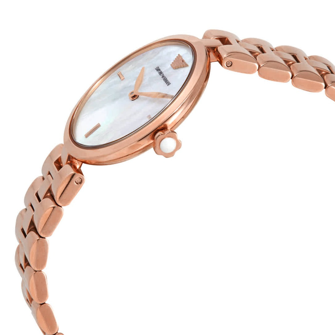 Close-up detail of Arianna dial showing mother of pearl surface and rose gold hands and hour markers