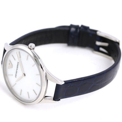 Emporio Armani Aurora AR11090 watch shown at angle with navy leather strap visible