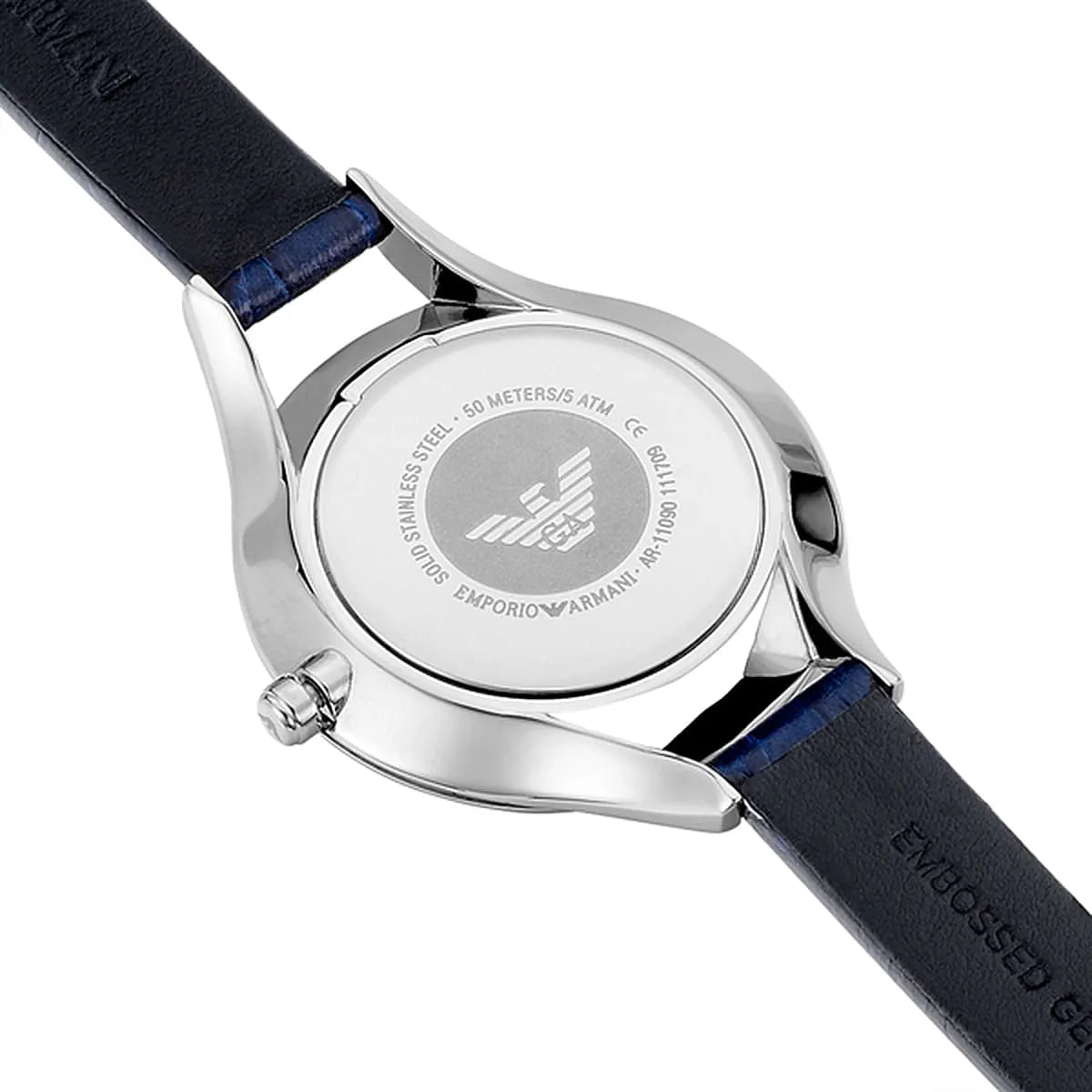 Case back of Emporio Armani Aurora AR11090 showing Emporio Armani eagle logo and specifications