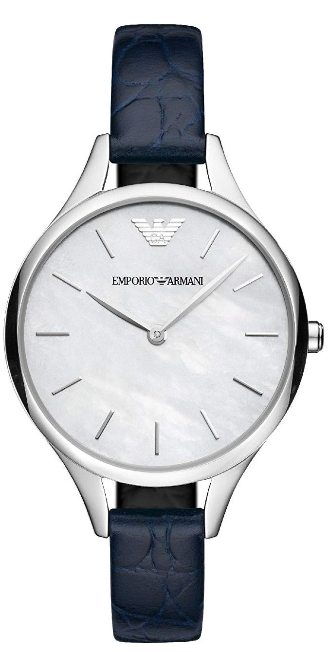 Emporio Armani Aurora AR11090 women's watch with pearl white dial, silver case, and navy leather strap