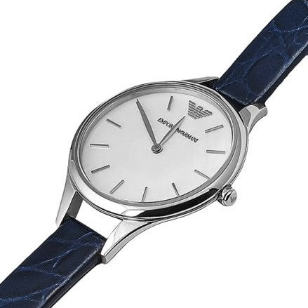 Emporio Armani Aurora AR11090 watch on wrist with navy leather strap and silver case