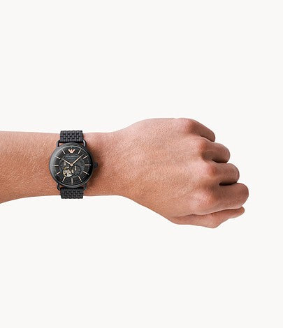 Emporio Armani Aviator AR60025 automatic watch worn on wrist showing black case and bracelet