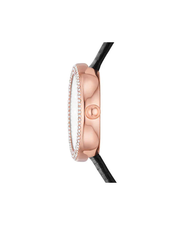 Side view of Emporio Armani Aviator Crystals showing crystal-set case and black leather strap