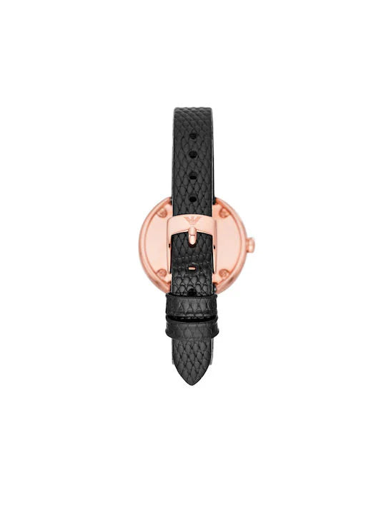 Black textured leather strap with rose gold buckle on Emporio Armani Aviator Crystals watch