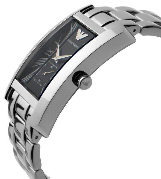 Side profile of Emporio Armani watch showing curved rectangular case with black dial and silver bracelet