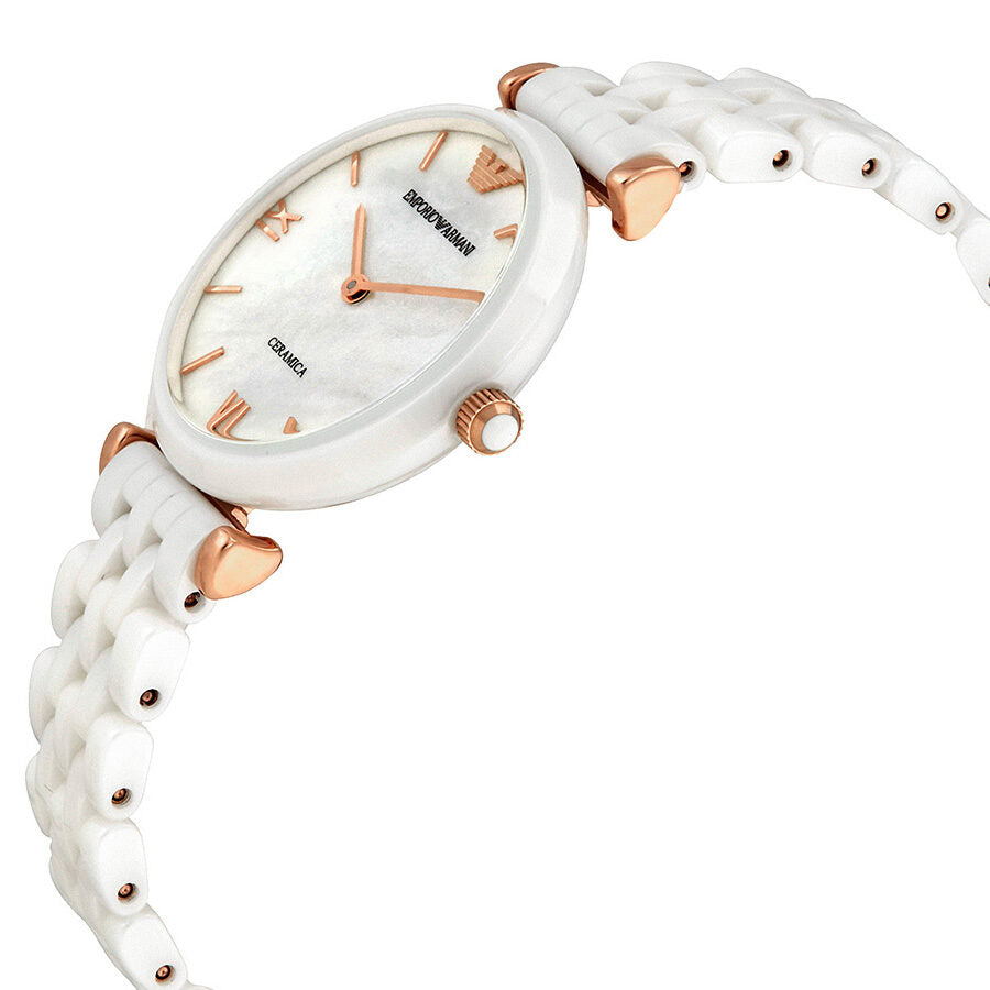 Side angle view of Emporio Armani Ceramica ladies watch showing white ceramic strap and rose gold details
