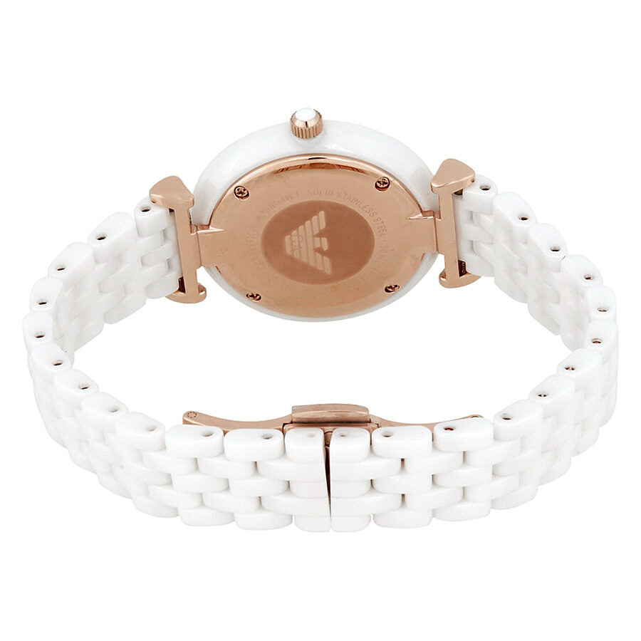 Caseback of Emporio Armani Ceramica AR1486 watch showing rose gold case and white ceramic strap